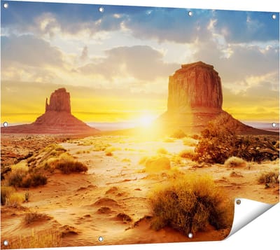 Gards Tuinposter Zonsondergang in Woestijn Monument Valley - 120x90 cm - Tuindoek - Tuindecoratie - Wanddecoratie buiten - Tuinschilderij