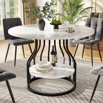MODFU Ronde Eettafel - Met Onderste Opbergruimte En Verstelbare Voeten - Klassiek - Eetkamer - MDF - Zwart - 80 X 80 X 76 Cm