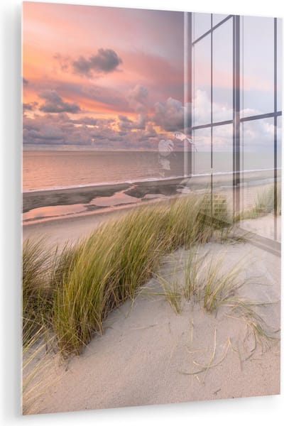 MuchoWow® Glasschilderij 90x120 cm - Schilderij acrylglas - Strand - Zee - Duin - Nederland - Roze - Foto op glas - Muurdecoratie woonkamer - Wanddecoratie slaapkamer - Schilderijen