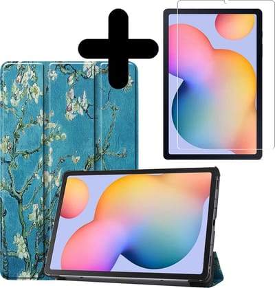 Hoesje - Geschikt voor Samsung Galaxy Tab S6 Lite - Met Screenprotector - Hardcover Book Case - Trifold Bookcase Hoes - Hard Cover - Tablethoes - Bloesem
