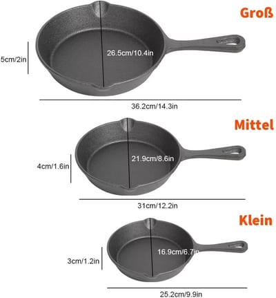 NordHaus Gietijzeren Koekenpan Set - 3-delige Bakpannen - Inductie en Gas Geschikt - Zonder Coating - 16/20/26 cm
