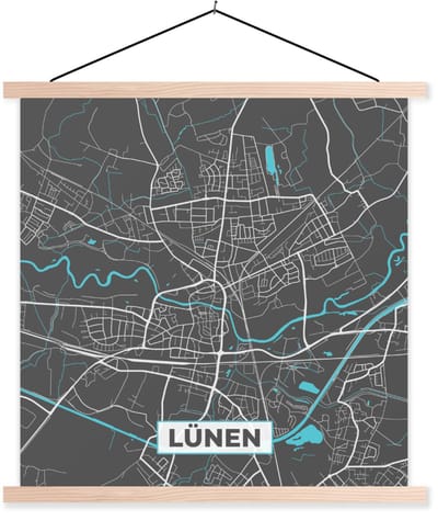 Posterhanger incl. Poster 120x120 cm - Schoolplaat - Stadskaart – Kaart – Lünen – Blauw – Duitsland – Plattegrond - Textielposter - Blanke latten - Stadskaart