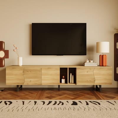 Wishdor Tv-Meubel - 5-Deurs - Open Vakken - Slank Ijzeren Frame - Natuurlijk - 191 X 38 X 46,5 Cm