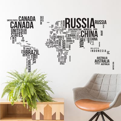 Muursticker wereldkaart tekst