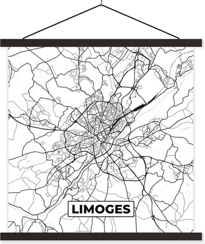 Posterhanger incl. Poster 60x60 cm - Schoolplaat - Frankrijk - Limoges - Plattegrond - Stadskaart - Kaart - Zwart wit - Textielposter - Zwarte latten - Stadskaart