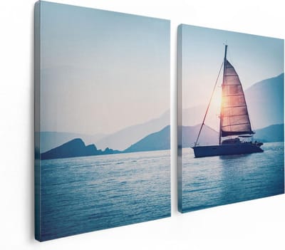 Artaza Canvas Schilderij Tweeluik Zeilboot bij Zonsondergang - 120x80 - Foto Op Canvas - Canvas Print