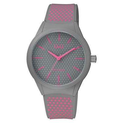 Q&Q VR28J036Y - Horloge - Sport - Analoog - Unisex - Plastic band - Rond - Streepjes - Kunststof - Grijs - Roze - 10 ATM