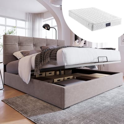 DESMIU Gestoffeerd Bed 140x200cm - Verstelbaar Hoofdbord Met Opbergruimte - Met Matras - Modern Slaapkamerbed - Zacht Fluweel - Lichtgrijs