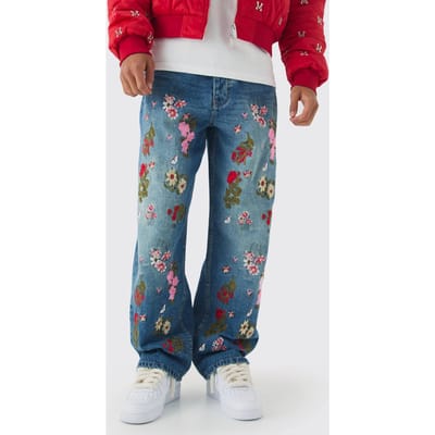 Baggy Fit Rigid Floral Geborduurde Jeans | Vintage Blue | Size 28R