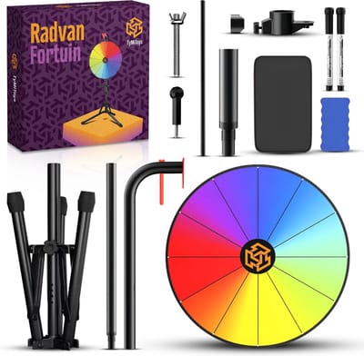 TyMiToys® Rad van Fortuin - Draaiwiel 40 cm - Draairad - Gezelschapsspel - 12 Schrijfvakken - Met Markeerstift en Wisser - Inclusief gratis e-book en Nederlandstalige Handleiding - Inclusief Statief - In hoogte verstelbaar