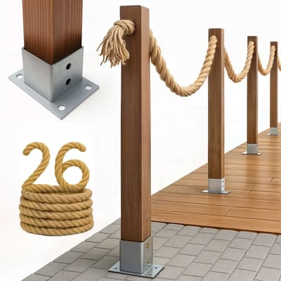 BOGATECO Houten schutting met jute touw | Zeilhek 26 m | 13 verschillende lengtes | Montageset inbegrepen Grondhuls met ankerplaat