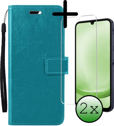 Hoesje Met 2x Screenprotector - Geschikt voor Samsung Galaxy A25 - Luxe Pasjeshouder - Bookcase Portemonee - Flip Case - Kunstleer Book Case - Flipcase Hoes - Book Cover - Walletcase - Portemonneehoes - Turquoise