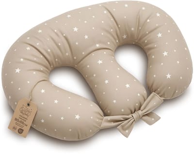 Borstvoedingskussen Tweeling Voedingskussen Baby - 90x50 cm - Ergonomisch Positioneringskussen Materniteit Multifunctioneel Ondersteuning Zacht Afneembare Hoes Oeko-Tex Beige met witte sterren