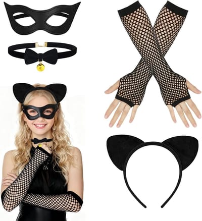 Zwart Kat Kostuum voor Vrouwen en Kinderen - Halloween Outfit met Oren, Halsketting, Masker en Handschoenen voor Carnaval en Feestjes