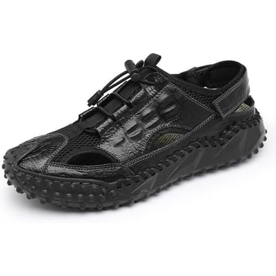 Sandalen met gesloten teen Heren Nieuw Echt leer Herenschoenen Zomer plusmaat Uitgehold Zachte zool Handgemaakte stiksels Trendy strandschoenen 46 black