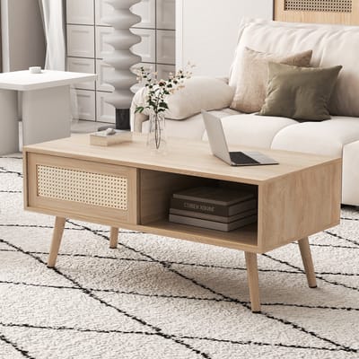 Salontafel - 105x55x40 cm - Rotan Schuifdeuren - Massief Houten Poten - Hout - Naturel
