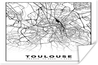 Poster Kaart - Stadskaart - Frankrijk - Toulouse - Plattegrond - Zwart wit - 180x120 cm XXL