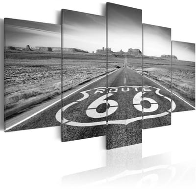 Schilderij - Route 66 - Zwart en Wit , 5 luik