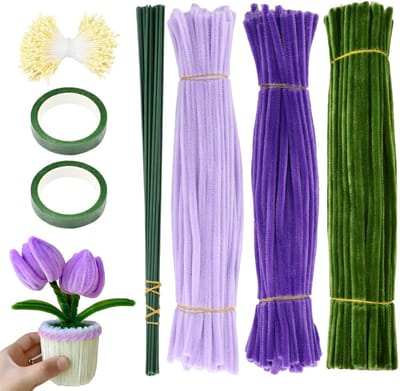 Kleurrijke Tulpenboeket Penseelset van 300 Stuks, Flexibele 12 Inch Borstels met Chenille Draad en Bloemlint voor Creatieve Bloemschikkingen
