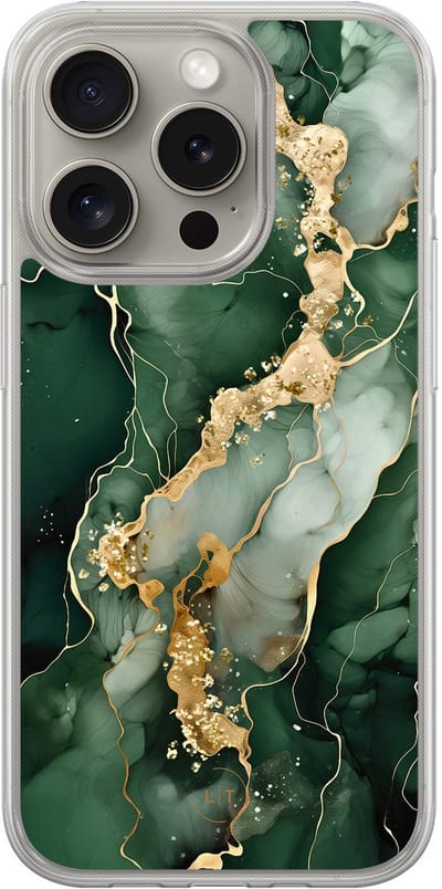 Hoesje geschikt voor iPhone 15 Pro Max - Marmer groen goud - 2in1 backcover - Marmer - Groen - Leuke Telefoonhoesjes