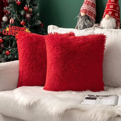 Famanu – Set van 1 stuk corduroy kussenhoes imitatiebont decoratief 40 x 40 cm rood