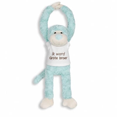 Knuffel aap met Geborduurd Shirt “Ik word grote broer ” – Zwangerschap Aankondiging – Cadeau Grote Broer – Knuffel met Tekst – Baby Aankondiging – slinger aap