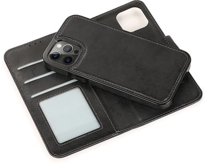 geschikt voor iPhone 15 2-in-1 Hoesje met Magnetische Backcover - Telefoonhoesje met vakjes voor pasjes - Inclusief polsbandje - Mobiq Magnetische 2-in-1 Wallet Case geschikt voor iPhone 15 zwart