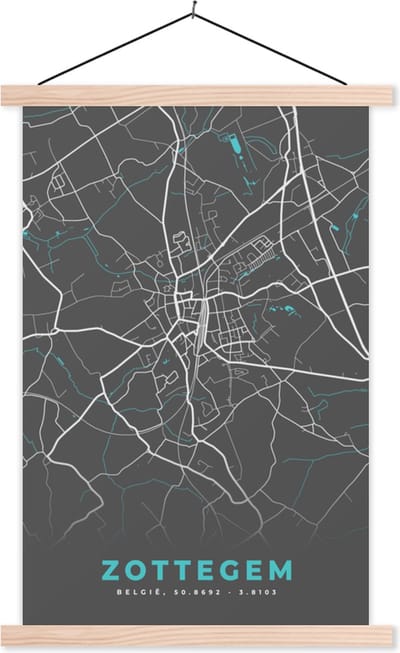 Posterhanger incl. Poster 40x60 cm - Schoolplaat - België – Zottegem – Stadskaart – Kaart – Blauw – Plattegrond - Textielposter - Blanke latten - Stadskaart