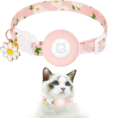 Kattenhalsband met AirTag Houder & Belletje - Veiligheidssluiting (Breakaway) - Met Bloem Hanger - Verstelbaar - Katten & Kleine Honden - Roze