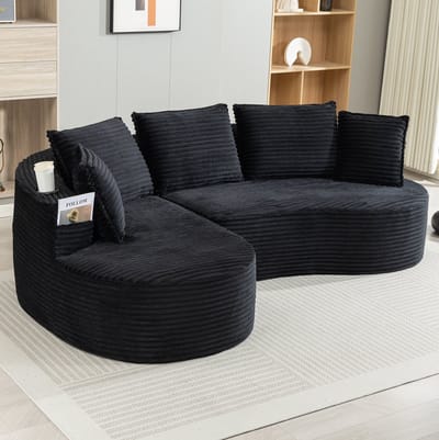 FloraGrace Hoekbank 250 x 152 cm - Met Bekerhouders, Zijvakken En Kussen - Voor Woonkamer Of Lounge - Corduroy - Zwart