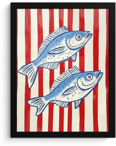 Poster in lijst - Fotolijst 30x40 cm - Posters - Vissen - Verticale strepen - Blauw - Rood - Posterlijst zwart - Decoratie - Wanddecoratie woonkamer - Muurdecoratie slaapkamer