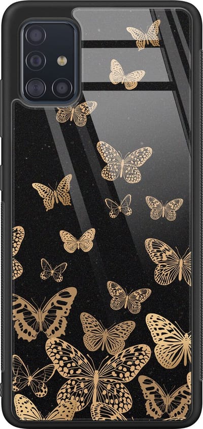 Hoesje geschikt voor Samsung Galaxy A51 - Vlinders - Luxe Glazen Hardcase - Print / Illustratie - Zwart
