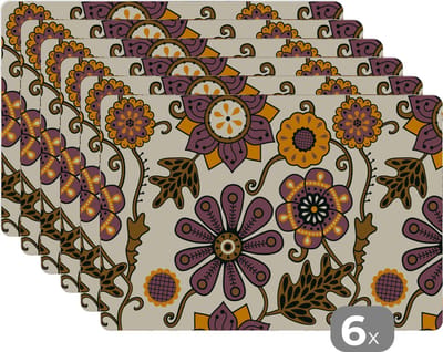 Placemat - Placemats kunststof - Bloemen - Bohemian - Vintage - Cartoon - 45x30 cm - 6 stuks - Hittebestendig - Anti-Slip - Onderlegger - Afneembaar