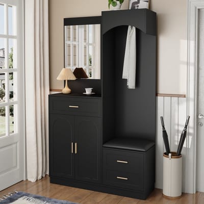 MODENUIT Garderobekast Met Schoenenkast En Spiegel - Opbergruimte Voor Hal En Entree - MDF Zwart - 110x33x185,5 Cm