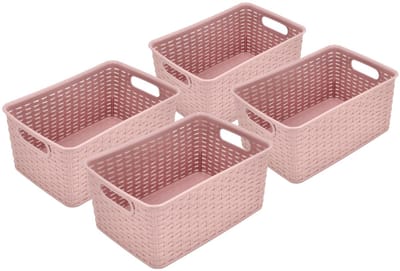 Opbergmand 6L Roze – Set van 4 Mandjes Riet – Opbergmand Kunststof – Opbergmand Kinderkamer en Speelgoed – Keukenkast en Kledingkast Organizer – 29x20x13 cm