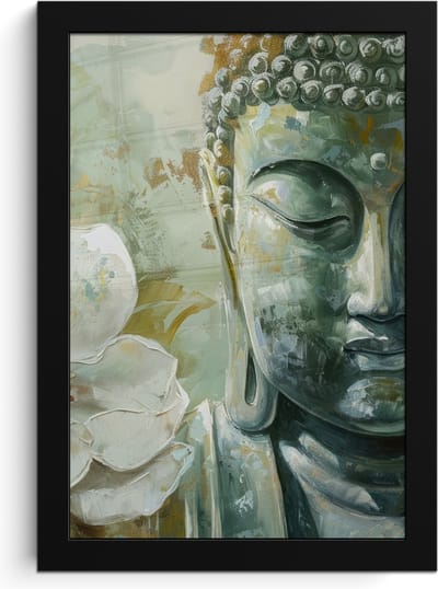 Poster in lijst - Fotolijst 20x30 cm - Posters - Boeddha - Groen - Lotusbloem - Wit - Posterlijst zwart - Decoratie - Wanddecoratie woonkamer - Muurdecoratie slaapkamer