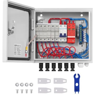 VEVOR 6-String PV Combiner Box met 15A zekering, 125A stroomonderbreker, bliksemafleider en zonneconnector, stalen behuizing voor on-/off-grid zonnepaneelsysteem, IP65