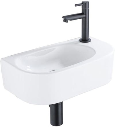 Fugaflow Efficiente Pietra Fonteinset - 40x21.5x12cm - rechts - glad - halfrond - 1 kraangat - keramiek - fonteinkraan zwart mat - afvoerplug - verlaagd sifon - wit glans