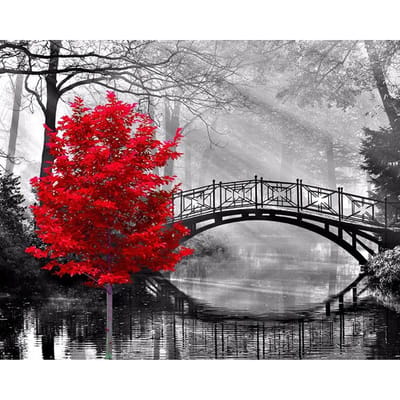 Peinture diamant 5D brodée pour décoration de salon, pont de forêt et arbre rouge, bricolage 20X30CM gray