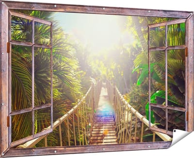 Gards Tuinposter Doorkijk Houten Brug in de Tropische Jungle - 180x120 cm - Tuindoek - Tuindecoratie - Wanddecoratie buiten - Tuinschilderij