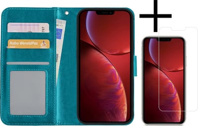Hoesje - Met Screenprotector - Geschikt voor Apple iPhone 14 Pro - Luxe Pasjeshouder - Bookcase Portemonee - Flip Case - Kunstleer Book Case - Flipcase - Book Cover - Walletcase - Portemonneehoes - Turquoise