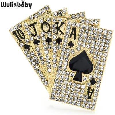 Wuli&baby Strass Poker 10 J Vrouw Heer A Straight Flush Sprankelende Broche Speld black