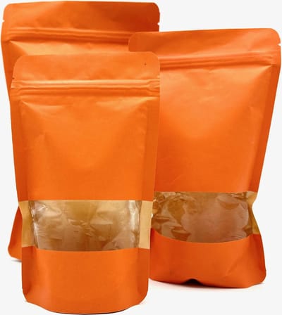 Stazakken 250ML Oranje 50stuks | 185 x 110 x 64 mm | Met Venster | Oranje Kraftpapier | Gripseal | Voedselveilig | Hersluitbaar | Luchtdicht