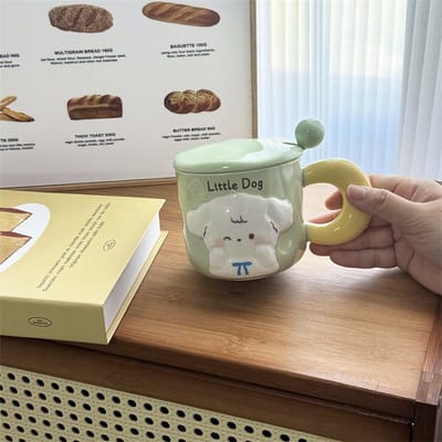 Puppy Mok met Deksel Lepel Schattige Hooguitziende Paar Waterbeker voor Meisjes Thuis Creatieve Keramische Mok Souvenir 301-400ml