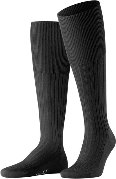 FALKE Bristol Pure effen geribd wol kniekousen heren zwart - maat 39-40