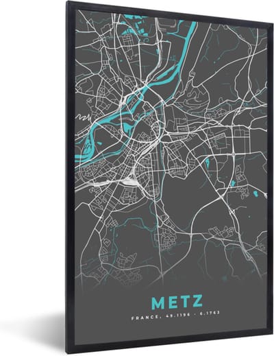 Fotolijst incl. Poster - Metz - Frankrijk - Plattegrond - Kaart - Stadskaart - 40x60 cm - Posterlijst