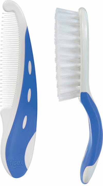 Tigex Baby Borstel en Kam Set – Zachte Nylon Haren – Afgeronde Tanden – Veilig voor Baby Hoofdhuid – Blauw/Wit- 0-24 maanden