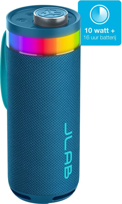 JLab Go Bluetooth Speaker Draadloos - Draagbare Muziekbox - 16 uur Batterijduur - 10 Watt - Bass Boost - IPX6 Waterproof - Multipairing - Instelbare Party Lights - App Equalizer - Blauw