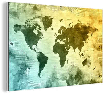 Aluminium schilderij 120x80 cm - Wanddecoratie metaal - Wereldkaart - Blauw - Geel - Metalen muurdecoratie woonkamer - Decoratie industrieel - Foto op dibond - Industriële accessoires slaapkamer