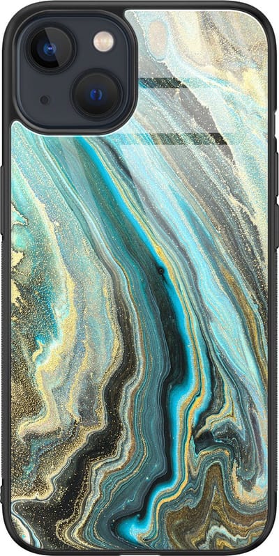 Hoesje geschikt voor iPhone 13 - Marmer mint - Luxe Glazen Hardcase - Marmer - Multi - Leuke Telefoonhoesjes